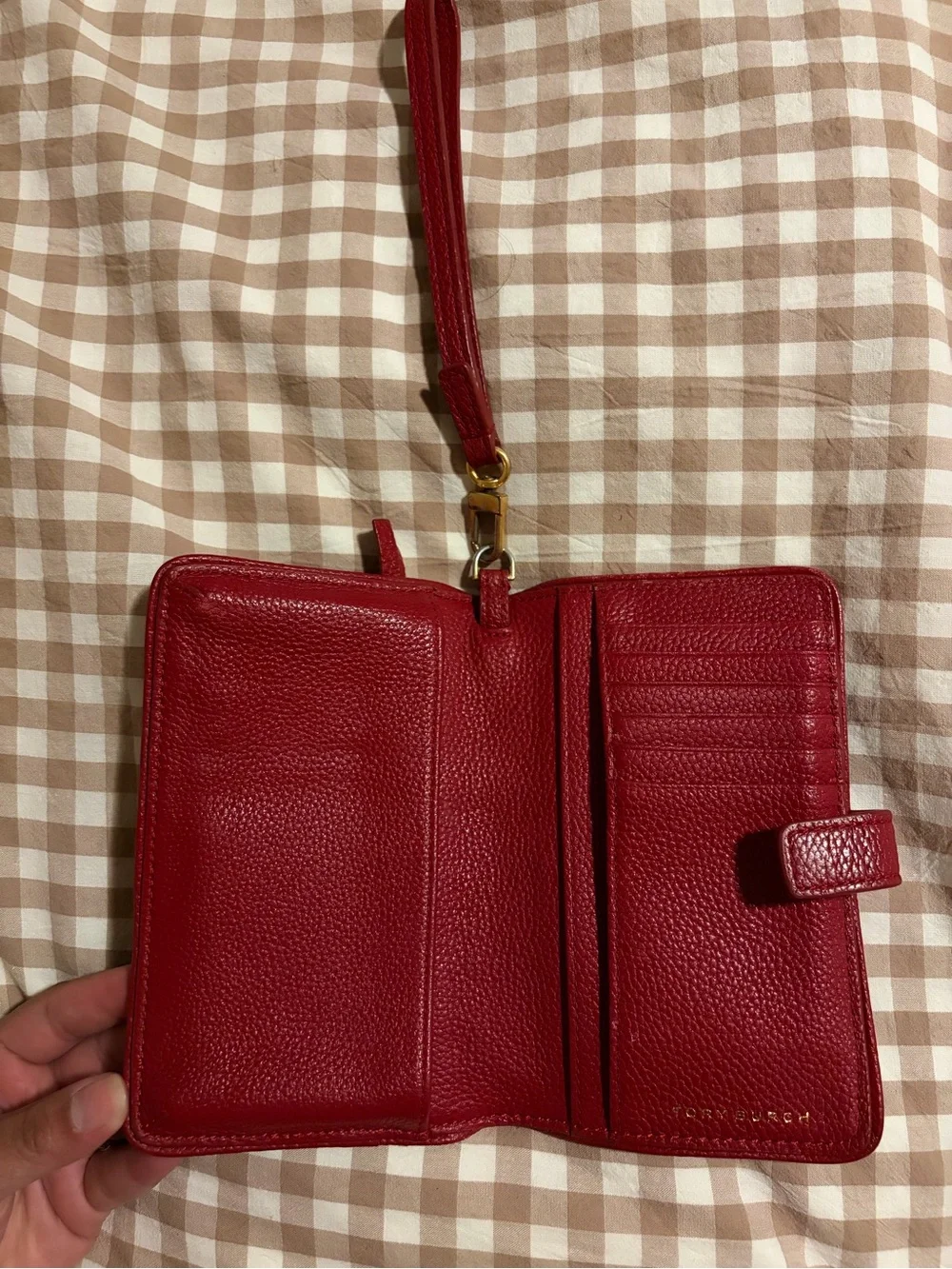 TORY BURCH Red Leather Wristlet with Gold Logo Accent